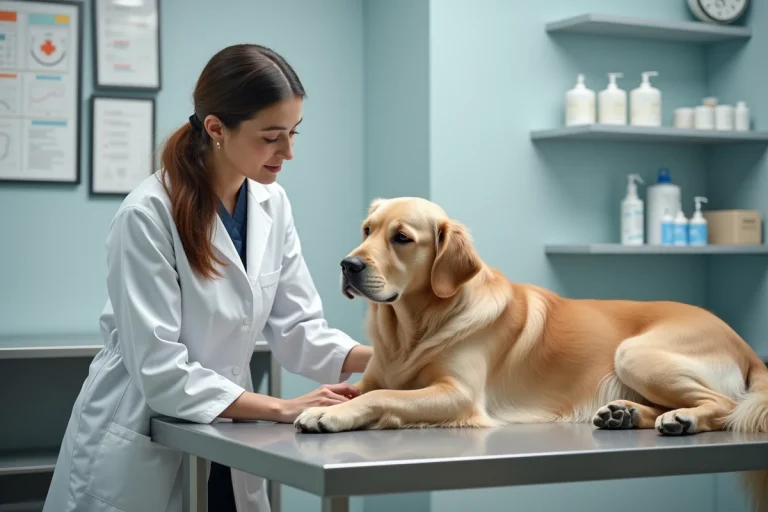 Vétérinaire examinant un chien âgé dans une clinique moderne